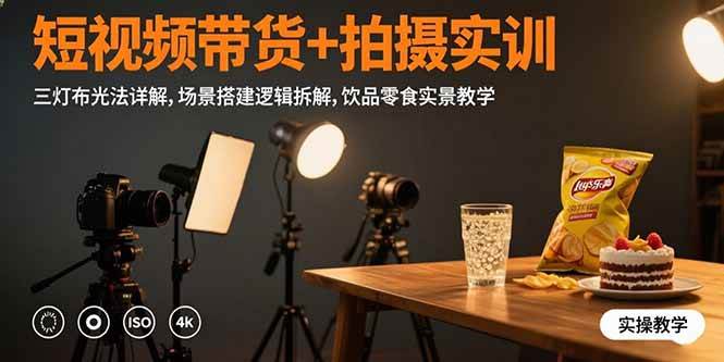 短视频带货+拍摄实训：三灯布光法详解,场景搭建逻辑拆解,饮品零食实景教学-58电商