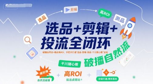 选品+剪辑+投流全闭环，破播自然流+撬动高ROI，手把手打通“选品-剪辑-测品-千川随心推”全链-58电商