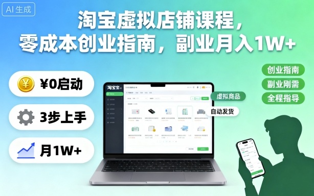 淘宝虚拟店铺课程，零成本创业指南，副业月入1W+-58电商