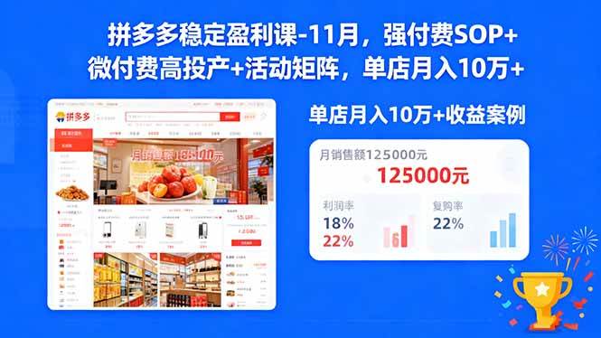 拼多多稳定盈利课-11月，强付费SOP+微付费高投产+活动矩阵，单店月入10w+-58电商