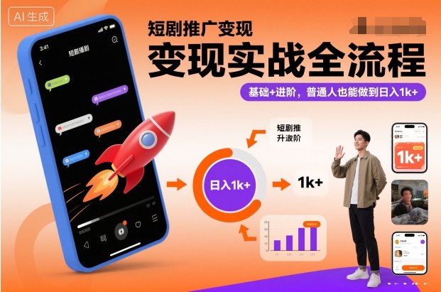 短剧推广变现实战全流程，基础+进阶，普通人也能做到日入1k+-58电商