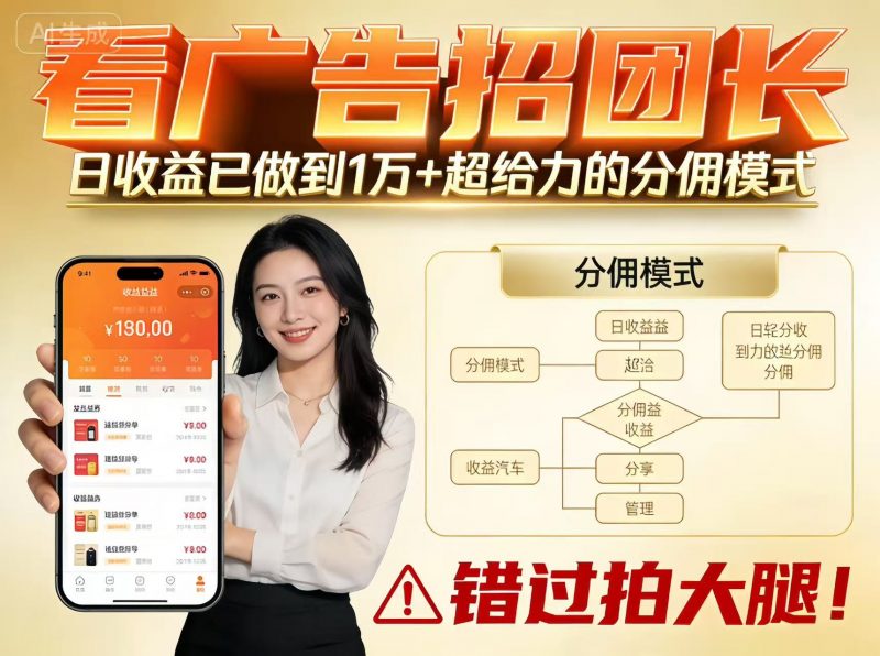 看广告招团长，团队收益已做到日入1万，分佣模式超给力，错过拍大腿-58电商