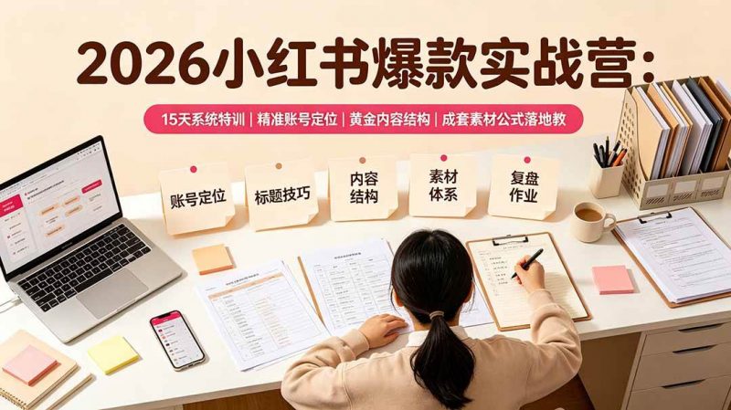 2026小红书爆款实战营：15天系统特训｜精准账号定位｜黄金内容结构｜成套素材公式落地教程-58电商