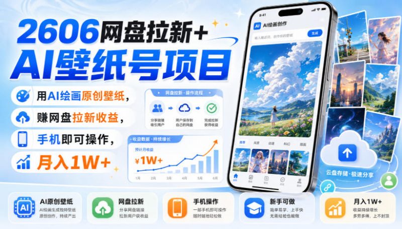 2606网盘拉新+AI壁纸号项目，用AI绘画原创壁纸，賺网盘拉新收益，手机即可操作，月入1W+ -1