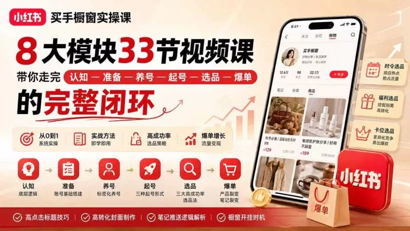 小红书买手橱窗实操课：8大模块33节视频课，带你走完”认知—准备—养号—起号—选品—爆单”的完整闭环-58电商