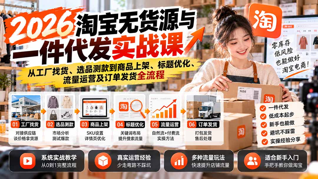 2026淘宝无货源与一件代发实战课：从工厂找货、选品测款到商品上架、标题优化、流量运营及订单发货全流程-58电商