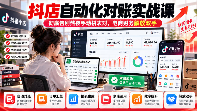 抖店自动化对账实战课，彻底告别熬夜手动拼表对，账电商财务解放双手-58电商