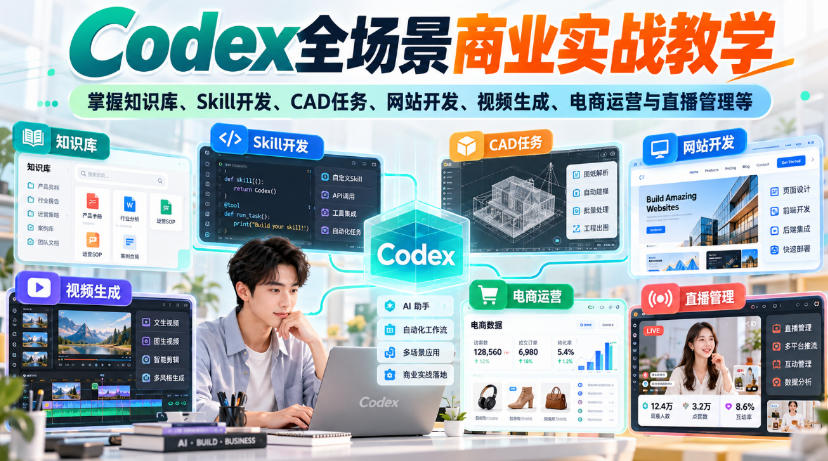 Codex全场景商业实战教学，掌握知识库、Skill开发、CAD任务、网站开发、视频生成、电商运营与直播管理等(更新1010)-58电商
