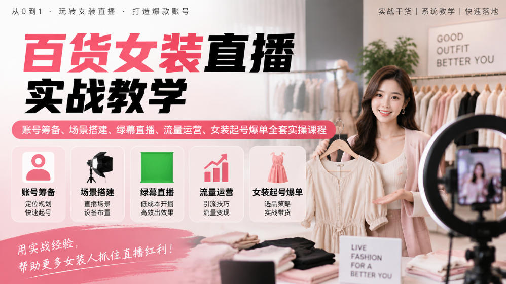 百货女装直播实战教学｜账号筹备、场景搭建、绿幕直播、流量运营、女装起号爆单全套实操课程-58电商