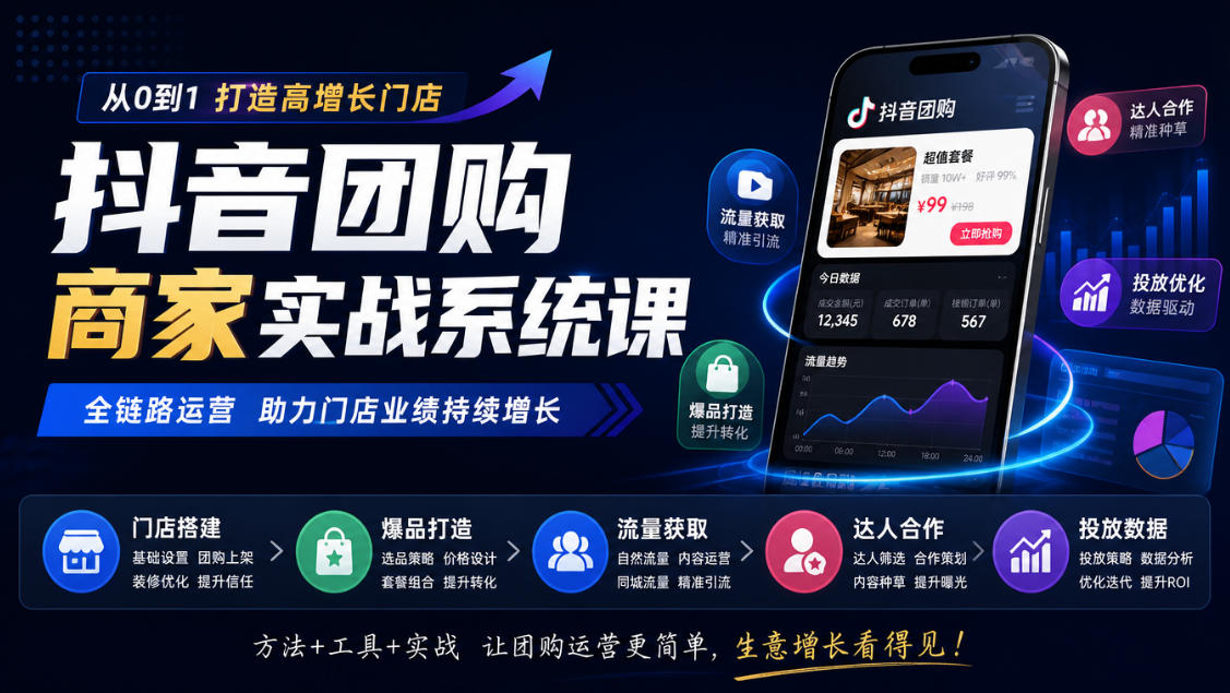 抖音团购商家实战系统课｜门店搭建、爆品打造、流量获取、达人合作、投放数据全链路运营-58电商