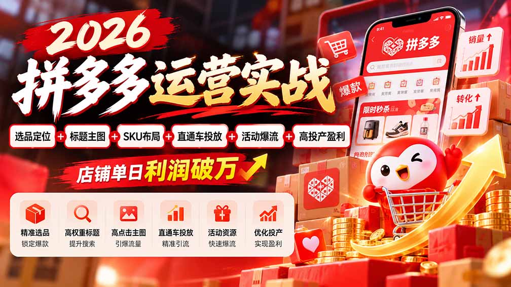 2026拼多多运营实战-更新1002：选品定位+标题主图+SKU布局+直通车投放+活动爆流+高投产盈利 店铺单日利润破万-58电商
