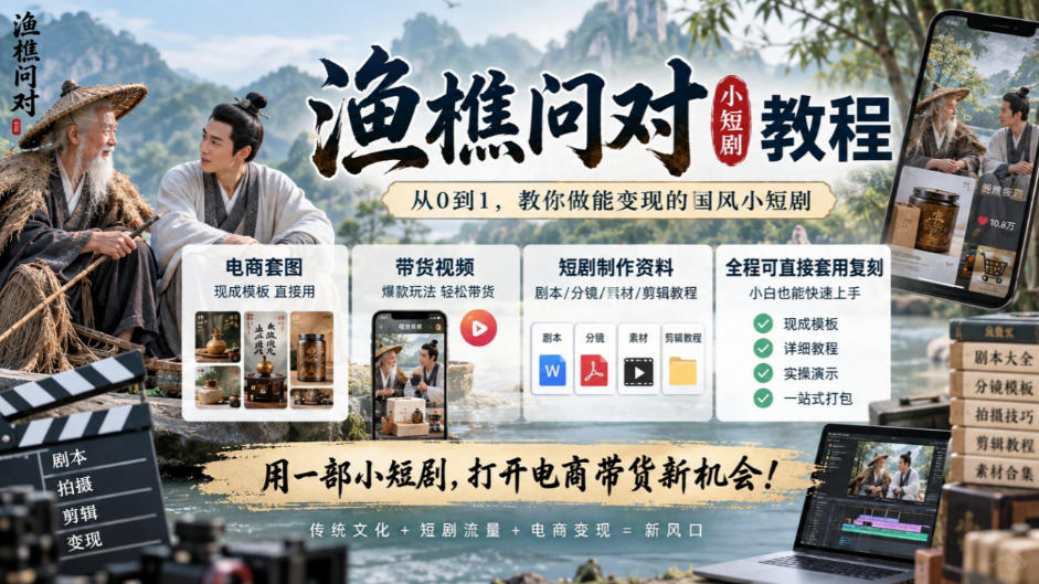 渔樵问对小短剧教程，包含电商套图、带货视频，短剧制作资料，全程可直接套用复刻-58电商
