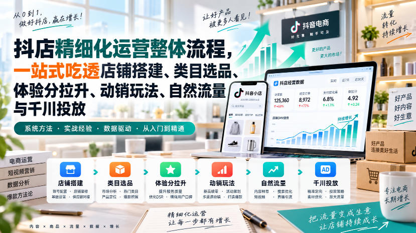 李哥电商-抖店精细化运营整体流程，一站式吃透店铺搭建、类目选品、体验分拉升、动销玩法、自然流量与千川投放-58电商