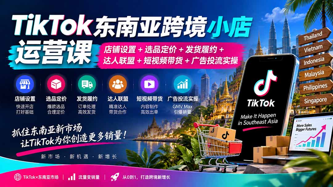 TikTok东南亚跨境小店运营课：店铺设置+选品定价+发货履约+达人联盟+短视频带货+广告投流实操-58电商