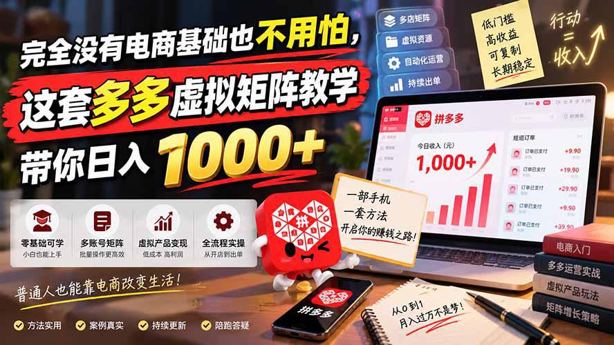 完全没有电商基础也不用怕，这套多多虚拟矩阵教学带你日入 1000+-58电商