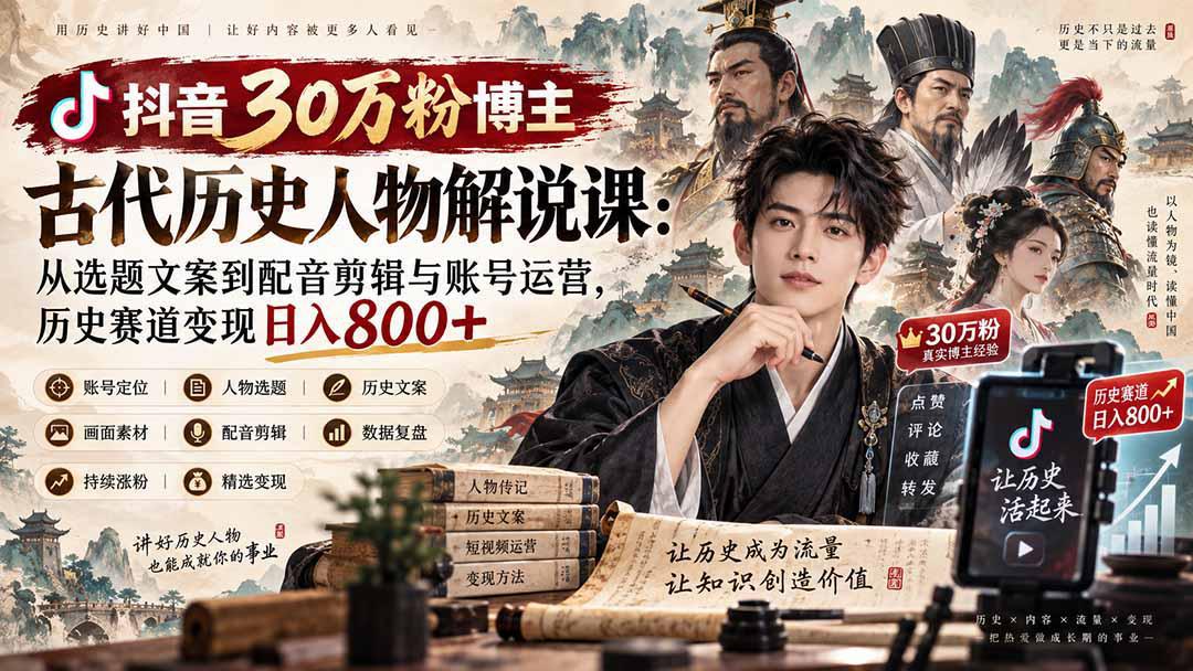 抖音30万粉博主古代历史人物解说课：从选题文案到配音剪辑与账号运营，历史赛道变现日入800+-58电商