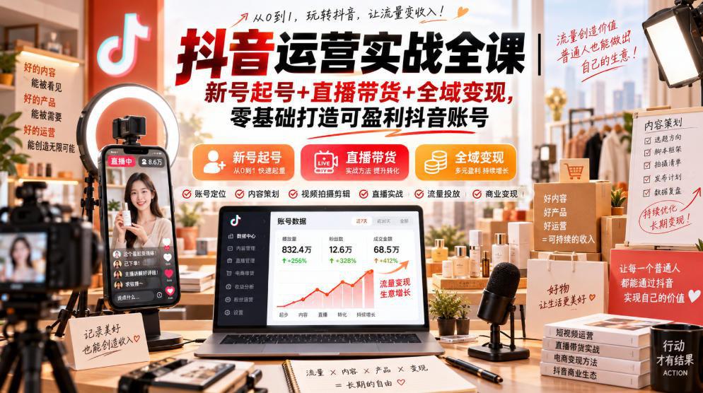 抖音运营实战全课｜新号起号+直播带货+全域变现，零基础打造可盈利抖音账号-58电商