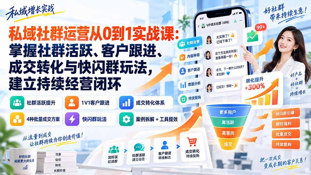 私域社群运营从0到1实战课：掌握社群活跃、客户跟进、成交转化与快闪群玩法，建立持续经营闭环-58电商