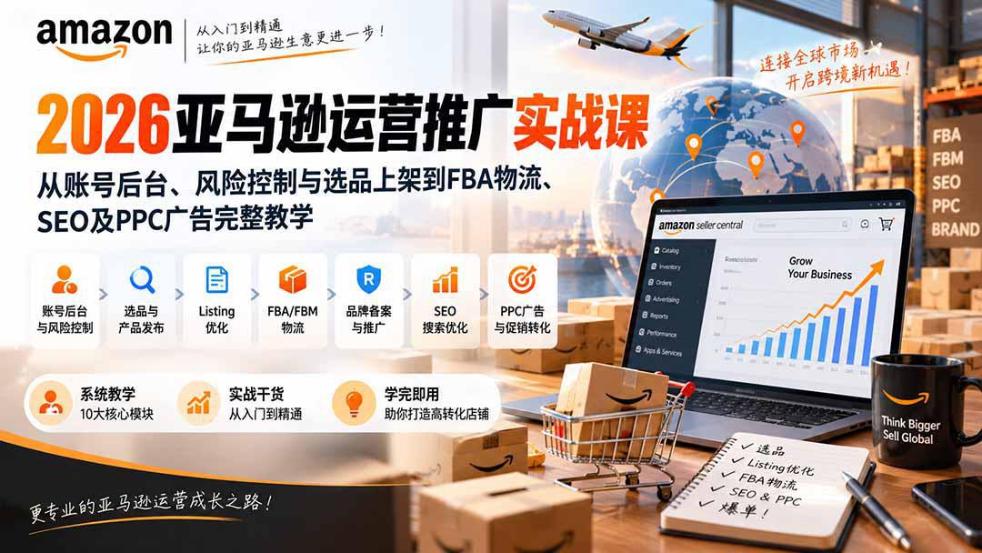 2026亚马逊运营推广实战课：从账号后台、风险控制与选品上架到FBA物流、SEO及PPC广告完整教学-58电商