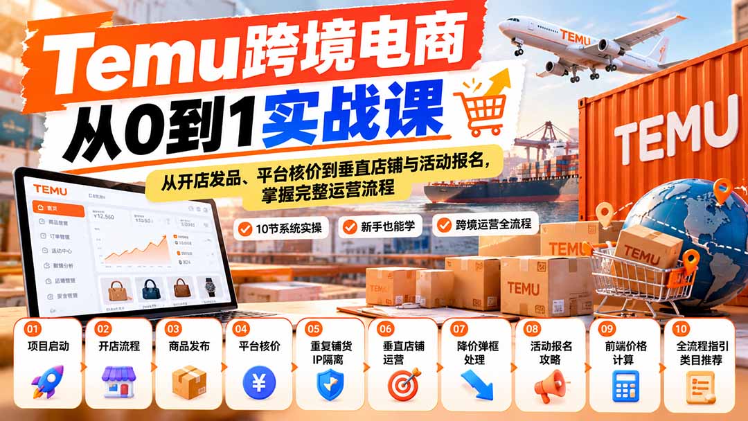 【无水印】Temu跨境电商从0到1实战课：从开店发品、平台核价到垂直店铺与活动报名，掌握完整运营流程-58电商