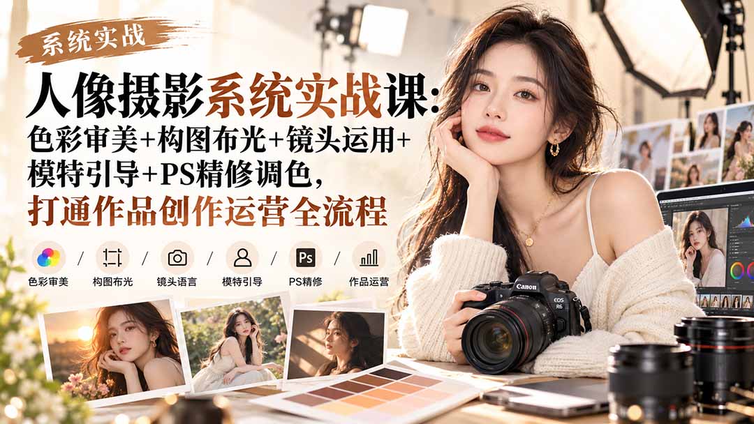 【无水印】人像摄影系统实战课：色彩审美+构图布光+镜头运用+模特引导+PS精修调色，打通作品创作运营全流程-58电商