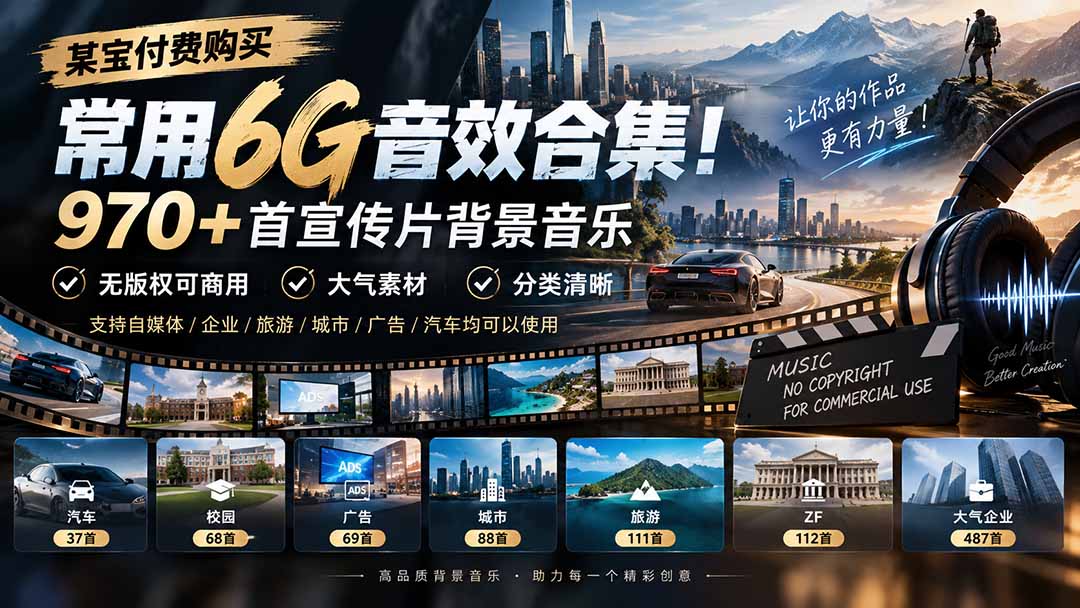 某宝付费购买，常用6G音效合集！970+首宣传片背景音乐，无版权可商用大气素材，分类清晰-58电商