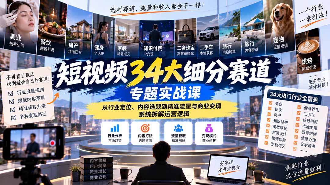 短视频34大细分赛道专题实战课：从行业定位、内容选题到精准流量与商业变现，系统拆解运营逻辑-58电商