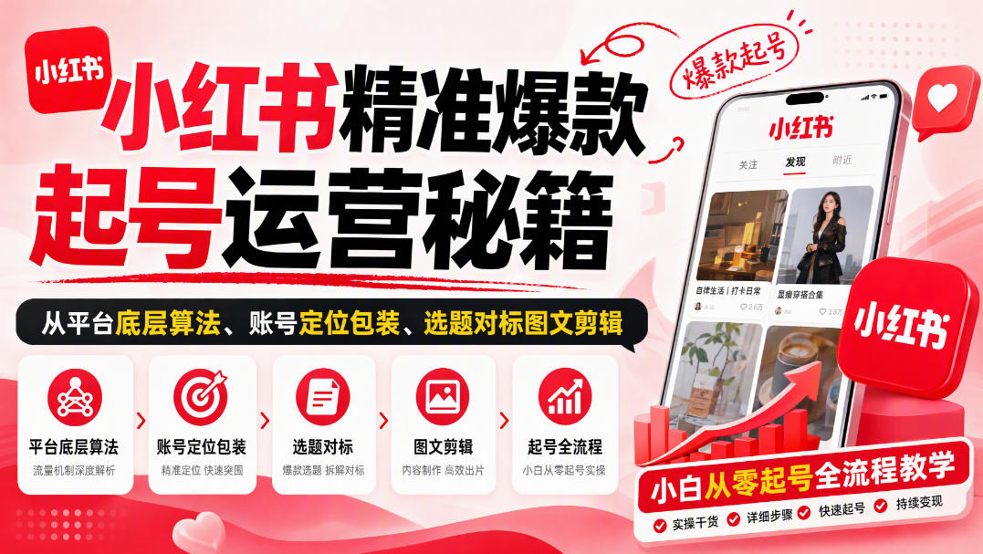 小红书精准爆款起号运营秘籍，从平台底层算法、账号定位包装、选题对标图文剪辑，小白从零起号全流程-58电商