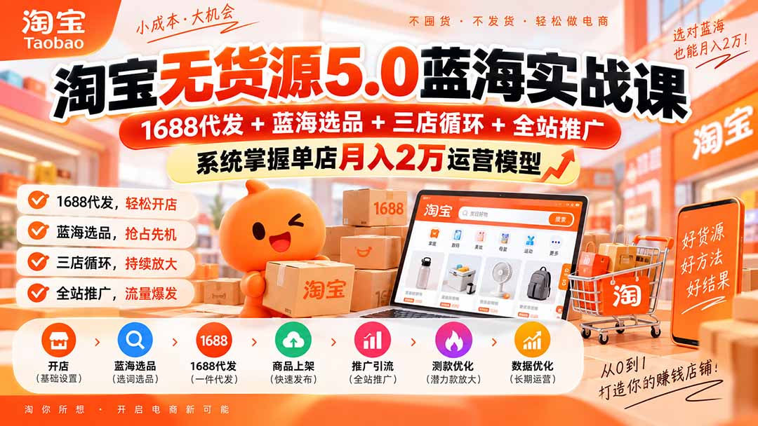 淘宝无货源5.0蓝海实战课-更新0927：1688代发+蓝海选品+三店循环+全站推广，系统掌握单店月入2万运营模型-58电商
