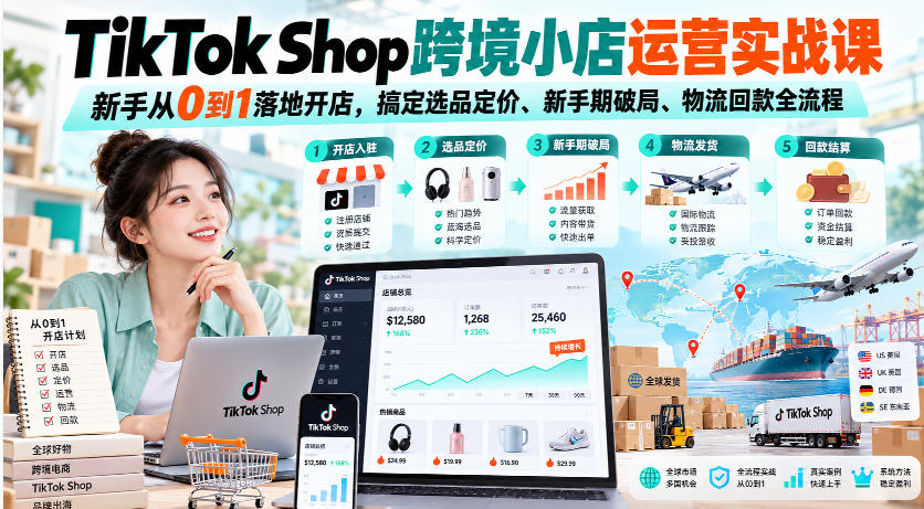 TikTok Shop跨境小店运营实战课，新手从0到1落地开店，搞定选品定价、新手期破局、物流回款全流程-58电商