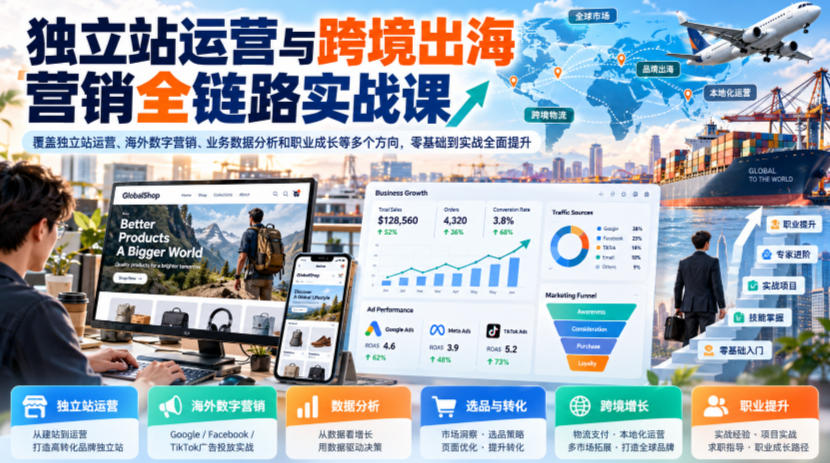 独立站运营与跨境出海营销全链路实战课，覆盖独立站运营、海外数字营销、业务数据分析和职业成长等多个方向，零基础到实战全面提升-58电商