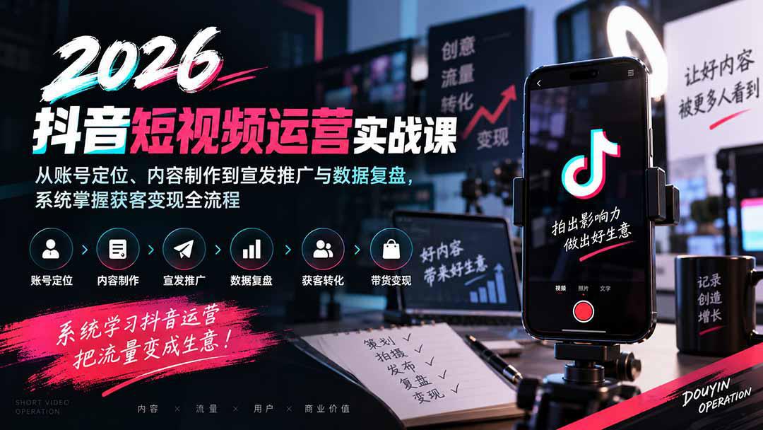 2026抖音短视频运营实战课：从账号定位、内容制作到宣发推广与数据复盘，系统掌握获客变现全流程-58电商