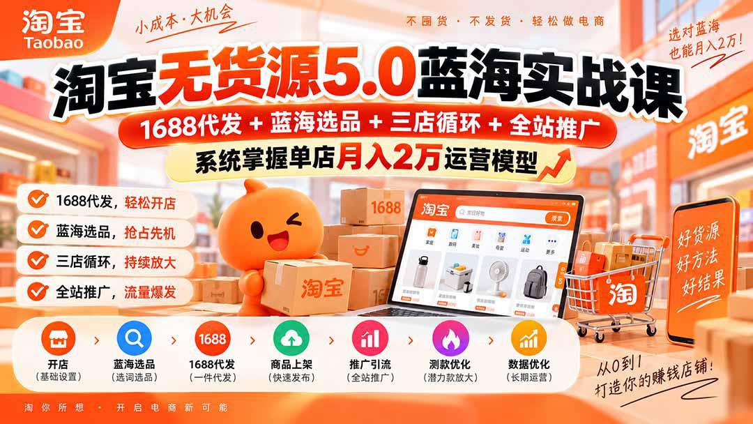 淘宝无货源5.0蓝海实战课-更新：1688代发+蓝海选品+三店循环+全站推广，系统掌握单店月入2万运营模型-58电商