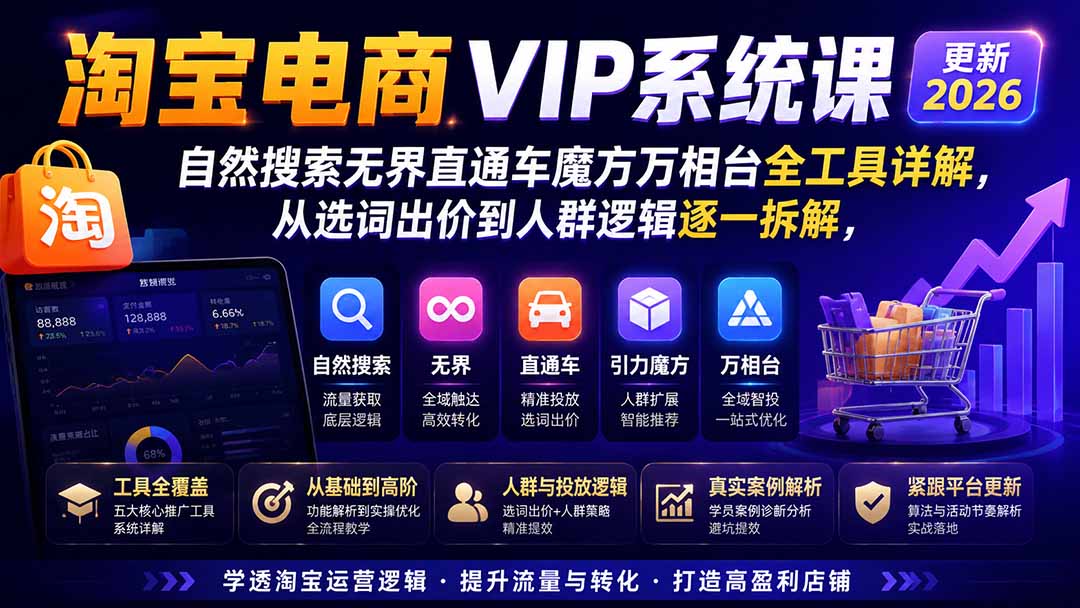 2026淘宝电商终局之战VIP课-更新1022：自然搜索+直通车+无界+精准人群，系统掌握测款动销与全店推广布局方法-58电商