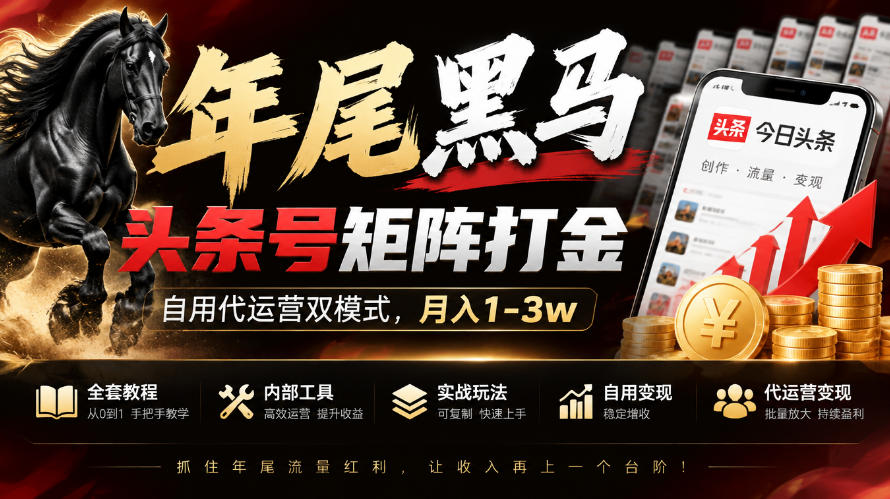 【年尾黑马】头条号矩阵打金，自用代运营双模式，月入1-3w，附全套教程及内部工具【揭秘】-58电商