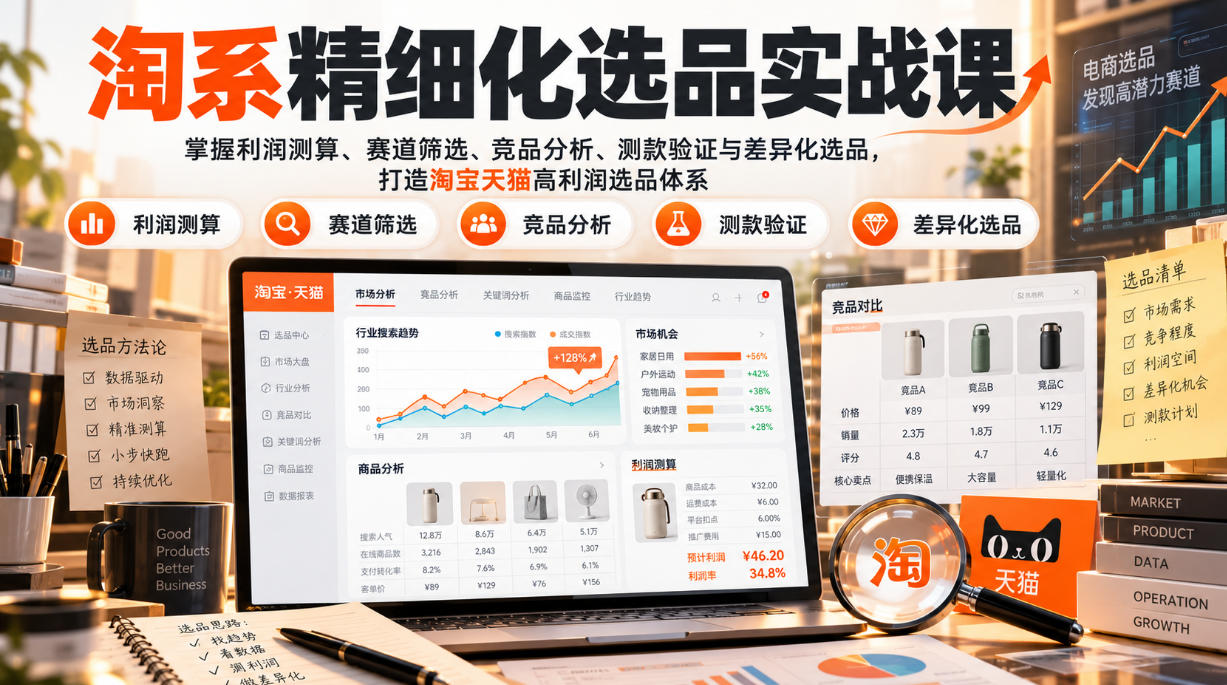 货架电商精细化选品实战课：掌握利润测算、赛道筛选、竞品分析、测款验证与差异化选品，打造淘宝天猫高利润选品体系-58电商