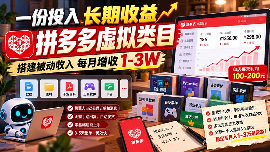 一份投入长期收益，拼多多虚拟类目，搭建被动收入每月增收 1-3W-58电商