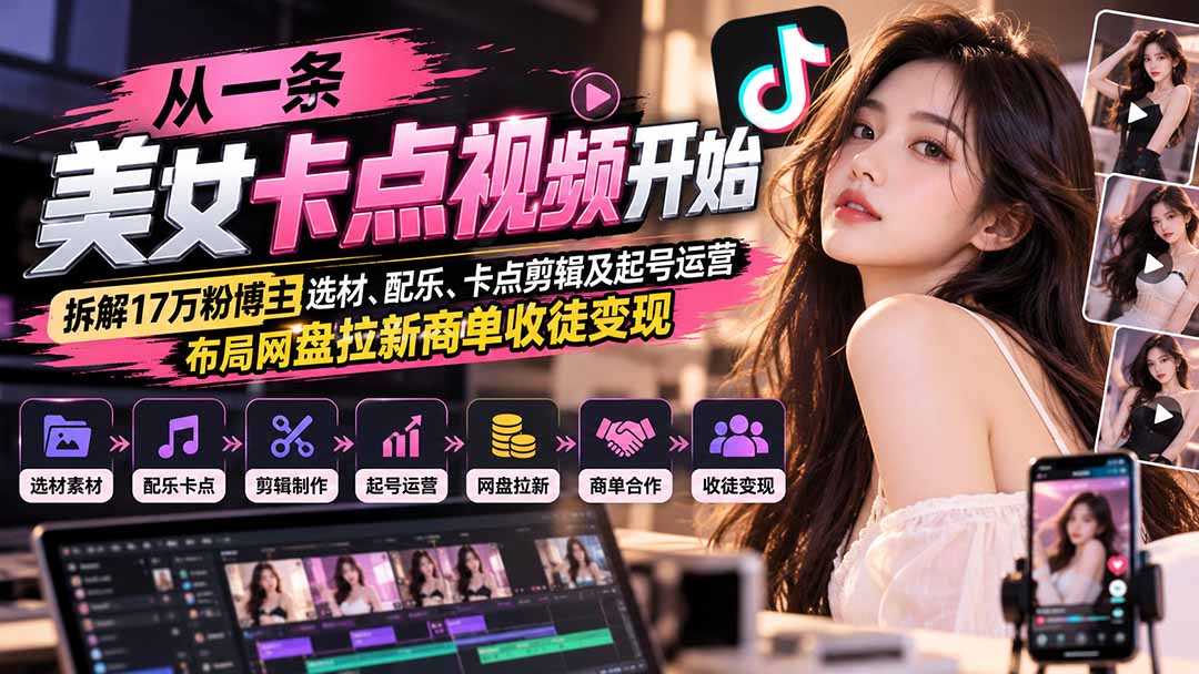 从一条美女卡点视频开始：拆解17万粉博主选材、配乐、卡点剪辑及起号运营，布局网盘拉新商单收徒变现-58电商