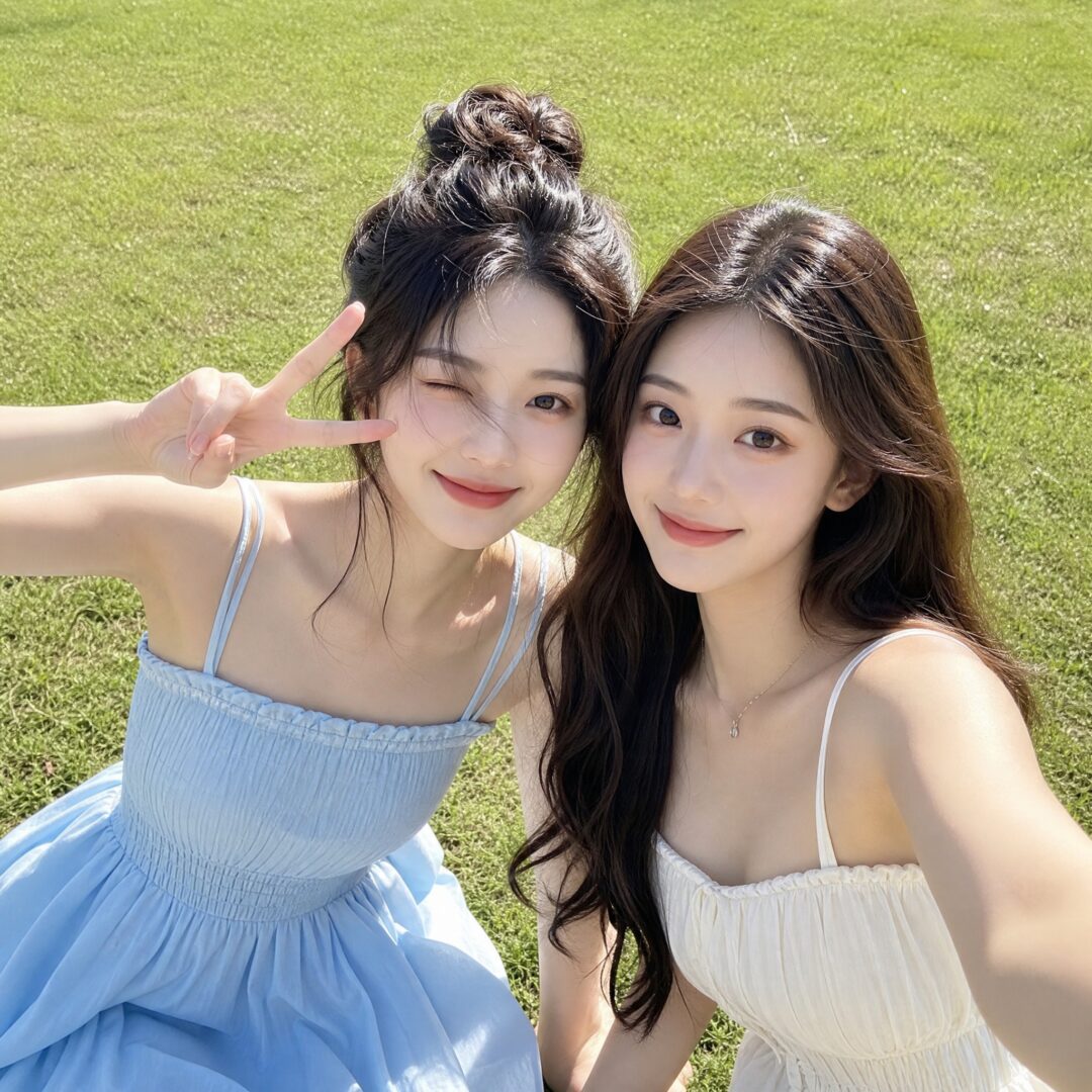 两个美女在草坪拍照