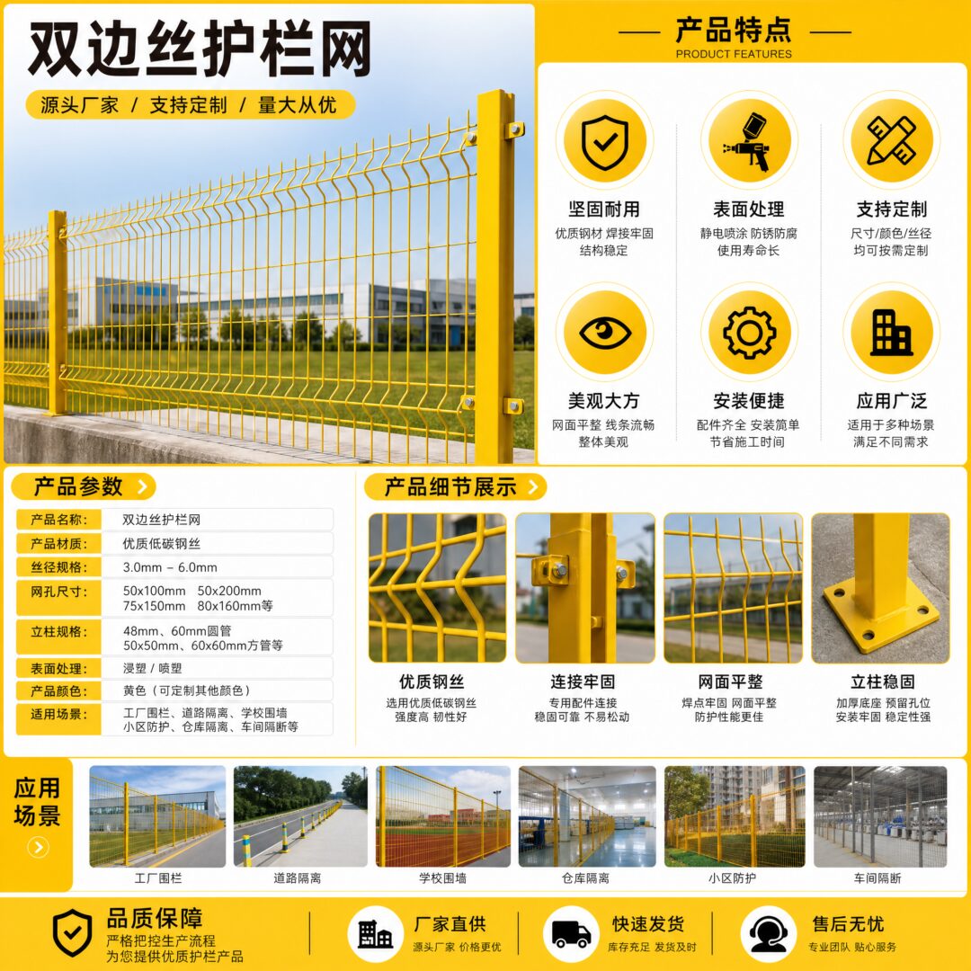 生成一个双边丝护栏网详情页，…