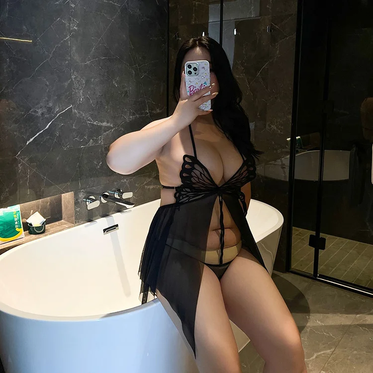 大码情趣内衣性感露背诱惑网纱透视蝴蝶挂脖吊带睡裙胖mm女人027