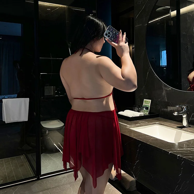 大码情趣内衣性感露背诱惑网纱透视蝴蝶挂脖吊带睡裙胖mm女人027