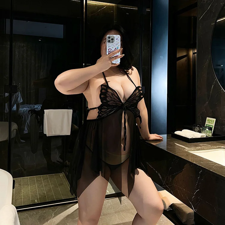 大码情趣内衣性感露背诱惑网纱透视蝴蝶挂脖吊带睡裙胖mm女人027