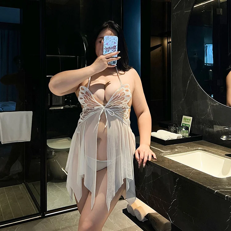 大码情趣内衣性感露背诱惑网纱透视蝴蝶挂脖吊带睡裙胖mm女人027