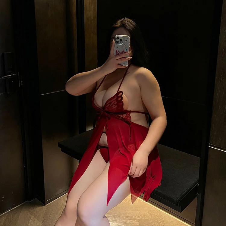大码情趣内衣性感露背诱惑网纱透视蝴蝶挂脖吊带睡裙胖mm女人027