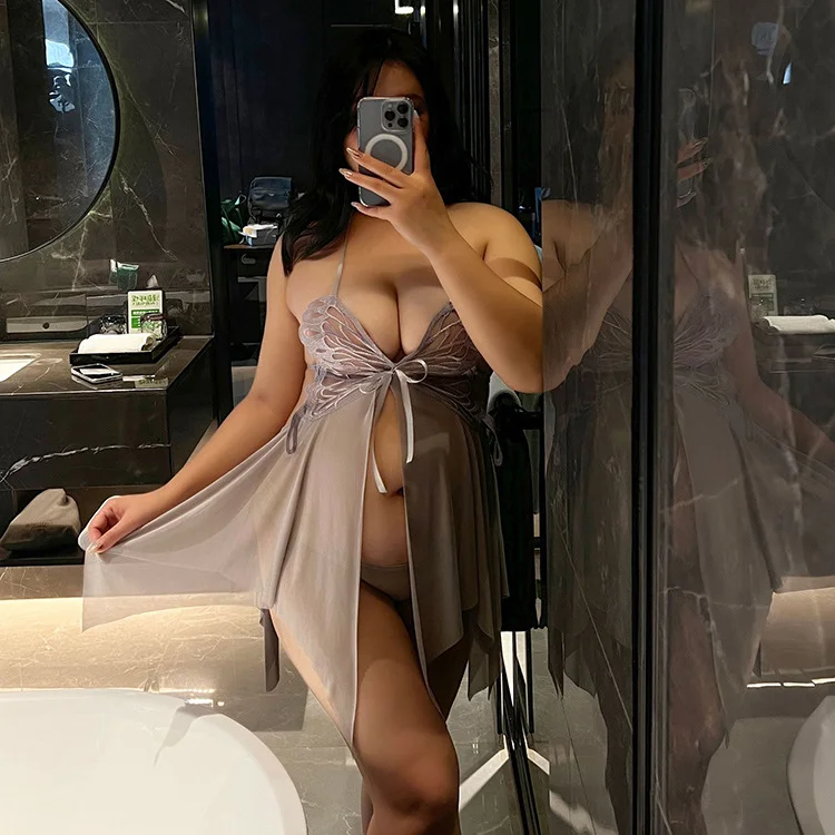 大码情趣内衣性感露背诱惑网纱透视蝴蝶挂脖吊带睡裙胖mm女人027