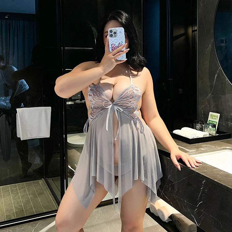 大码情趣内衣性感露背诱惑网纱透视蝴蝶挂脖吊带睡裙胖mm女人027