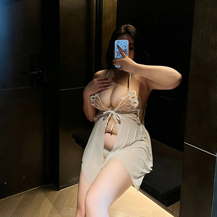 大码情趣内衣性感露背诱惑网纱透视蝴蝶挂脖吊带睡裙胖mm女人027