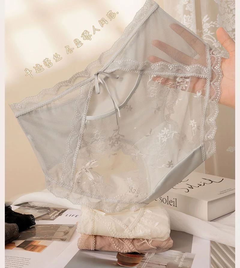 性感密码法式蕾丝性感半透明镂空中腰桑蚕丝裆缎面拼接女士内裤女